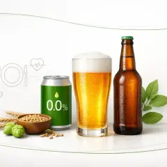 Szukasz piwa bezalkoholowego z najmniejszą ilością cukru? Na zdjęciu puszka 0.0%, szklanka piwa, butelka, chmiel, słód i symbole zdrowia.