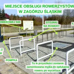 Miejsce obsługi rowerzystów w Zagórzu Śląskim: stojaki, ładowarka, pompka, przybornik z narzędziami i mapa rowerowa.