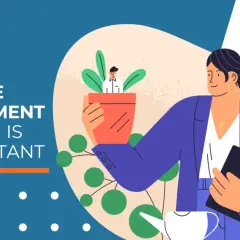 A woman tends to potted plants, each with a tiny person inside, symbolizing total employee development. Text reads "Why an employee development program is so important.