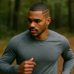 Homme avec un buzz cut stylisé, courant dans une forêt.