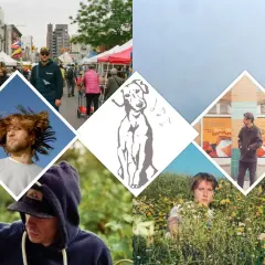 Collage de photos : homme aux cheveux roux, chien stylisé, homme devant des affiches, homme dans des fleurs, marché de rue.