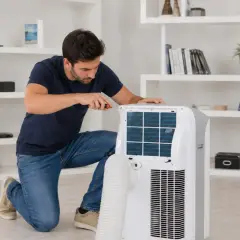 Hombre arregla aire acondicionado portátil que huele mal.