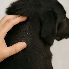 Una mano acaricia el pelaje negro de un perro, revelando escamas blancas de caspa en su piel.