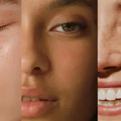 Trois visages aux teints variés, montrant comment faire son teint éclatant avec des textures de peau naturelles et douces.