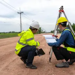 Dwóch geodetów w kamizelkach odblaskowych i kaskach analizuje plany na budowie. Zastanawiają się, ile bierze geodeta za wytyczenie działki.