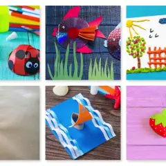 Manualidades para actividades infantil verano: mariquitas de papel, pez con CD, paisaje de plastilina, helado, barco y fresa.