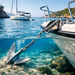Ancora di una barca che affonda nel fondale cristallino, un dettaglio del suo peso che la ancora saldamente.