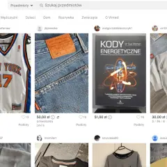 Sprzedaż ubrań używanych przez internet: koszulka NBA, jeansy Levi's, sweter.