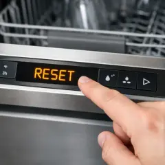 Palec naciska przycisk "RESET" na panelu zmywarki Beko. Nie ma tu bezpiecznika, ale reset pomoże rozwiązać problemy.