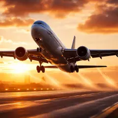 Avión despegando al atardecer, listo para un viaje con aerolíneas low cost.