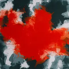 Abstrakcyjny obraz z plamą intensywnej czerwieni przypominającą krew z nosa, otoczoną szaro-białymi smugami.