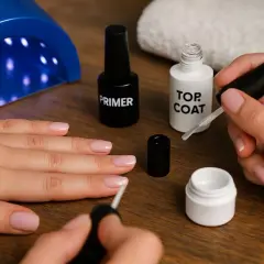 Dłonie przygotowują paznokcie do stylizacji. Widać lampę UV, buteleczki z primerem i top coat, a także pędzelek.