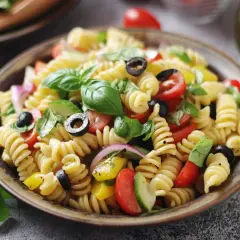 Pasta fredda con pomodorini, olive, basilico e cipolla rossa. Perfetta per ricette pasta fredda veloci e sfiziose.