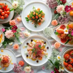 Un magnifique **entrée mariage repas** floral, avec des assiettes de mets colorés et des fleurs fraîches.