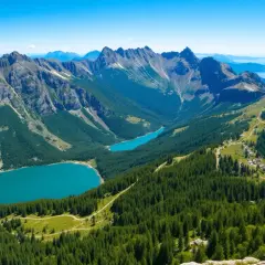 Vue panoramique d'un trek en Italie, avec des lacs turquoise, des montagnes escarpées et une forêt dense.