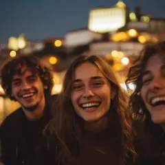 Tre amici ridono felici, immersi nella magica atmosfera del porto vita notturna, con le luci sfocate della città a fare da sfondo.
