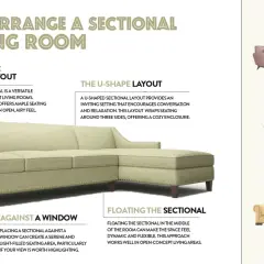 An L-shaped sectional sofa, a versatile choice for living rooms, is shown in a light green fabric. The image illustrates how to arrange a sectional sofa.
