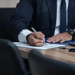 Mężczyzna w garniturze pisze długopisem na dokumencie przy biurku.