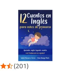 Un niño lee cuentos en inglés sobre una nube estrellada. El libro "12 Cuentos en Inglés para niños de primaria" ayuda a aprender inglés con traducción.