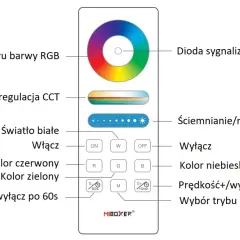 Pilot do sterowania oświetleniem RGB i CCT. Zawiera pierścień wyboru barwy, suwak saturacji, przyciski ON/OFF, kolory R/G/B, regulację jasności i prędkości. Sterowanie może być realizowane przez tyrystor.