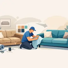 Mann bezieht eine Couch neu. Stoffrollen, Schere und Garn liegen bereit.