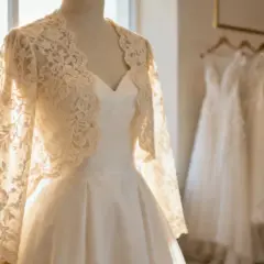 Elegancka koronkowa narzutka na sukienkę to idealna odpowiedź na pytanie, co założyć na sukienkę na wesele jesienią. W tle inne suknie ślubne.