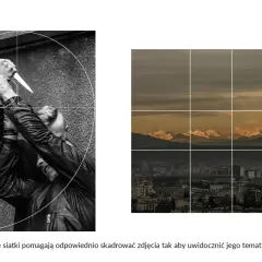 Poradnik fotograficzny: czarno-białe ujęcie z nożem i złotej spirali, obok zdjęcie krajobrazu z górami i miastem, podzielone siatką.