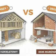 Porównanie domu szkieletowego (tańszego) i murowanego (droższego). Widoczne etapy budowy, materiały i narzędzia.