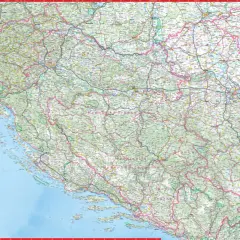 Mapa drogowa Chorwacji z zaznaczonym wybrzeżem Adriatyku, wyspami i miastami. Pokazuje, gdzie leży Chorwacja, jej granice i ukształtowanie terenu.