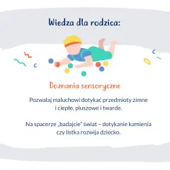 Ilustracja dziecka raczkującego wśród kolorowych kulek i ozdobnych kształtów.