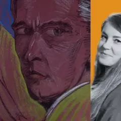 Portret mężczyzny z intensywnym spojrzeniem, z widocznymi oznaczeniami na obrazach Witkacego. Obok uśmiechnięta kobieta.