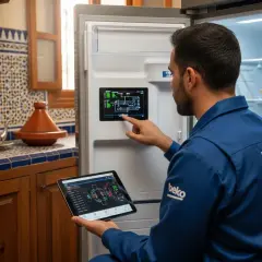 Un technicien Beko utilise une tablette pour diagnostiquer un code erreur frigo Beko affiché sur l'écran de l'appareil.
