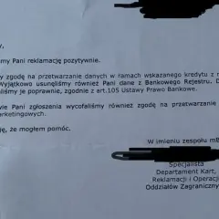 Pismo bankowe informuje o rozpatrzeniu reklamacji i wycofaniu zgody na przetwarzanie danych z BIK. Nie ma tu informacji, ile trwa wykreślenie z BIK.