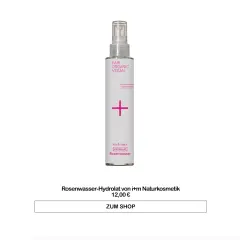 Flasche mit Rosenwasser-Hydrolat, eine natürliche Alternative für die Hautpflege. Fair, Bio, Vegan.