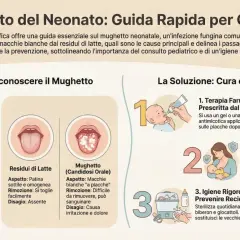 Guida rapida sul mughetto neonatale: come riconoscerlo, curarlo e prevenirlo. Immagini mostrano bocca sana, residui di latte e mughetto.