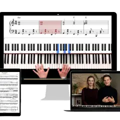 Nauka muzyki fortepianowej: ekran z nutami, wirtualne klawisze i lekcja wideo.