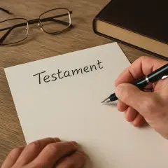 Dłoń pisze piórem na dokumencie z napisem "Testament". Obok leżą okulary i gruba księga. Ostatnia wola zmarłego spisana.