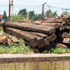Stare, spróchniałe drewniane podkłady kolejowe leżą na hałdzie, otoczone zielenią i drobnymi białymi kwiatami.