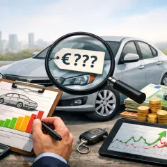 Valuta auto: analisi del prezzo con lente d'ingrandimento, grafici, calcolatrice e denaro.