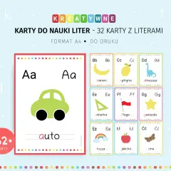Kreatywne karty do nauki liter z obrazkami: auto, banan, cytryna, dinozaur, ekierka, flaga, gwiazda, tęcza, jabłko, ćma.