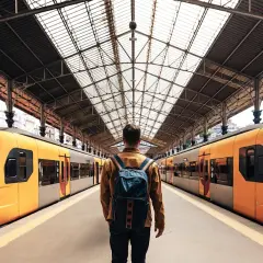 Man med ryggsäck står på en tågstation mellan två gula tåg. Äventyret med sitt interrailkort väntar.