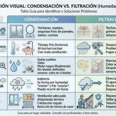 Tabla compara condensación y filtración, explicando la diferencia entre vapor y gas en el hogar. Muestra dónde, cuándo y cómo aparecen, y sus soluciones.