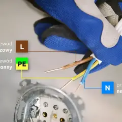 Rękawica pokazuje przewody: fazowy (brązowy), ochronny (żółto-zielony) i neutralny (niebieski) do instalacji lampy na dwa włączniki.