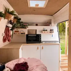 Aménagement intérieur d'un van aménagé : cuisine fonctionnelle avec four, plaque de cuisson, rangements et touches végétales.