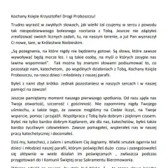 Wzór pożegnania zmarłego czytane przez księdza. List wyraża żal po odejściu proboszcza, wspominając jego dobroć i zaangażowanie w pracę z dziećmi i młodzieżą.