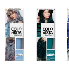 Cajas de tinte L'Oréal Colorista Washout con modelos de cabello teñido en rosa, azul, turquesa e índigo. Las mechas se aclaran con los lavados, mostrando la versatilidad del color.