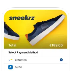 Ekran płatności za buty Sneekrz. Wybierz metodę płatności: Bancontact (zaznaczone) lub PayPal.