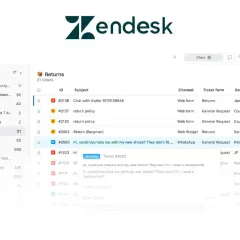 Panel z powiadomieniami Zendesk, pokazujący listę zgłoszeń "Returns" z różnymi statusami i kanałami komunikacji.