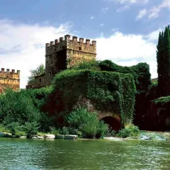Antiche gualchiere di Remole, torri medievali immerse nel verde, si specchiano in un fiume tranquillo sotto un cielo nuvoloso.