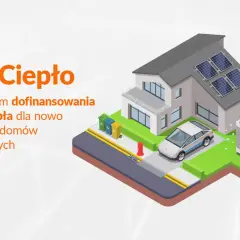 Nowy program "Moje Ciepło" wspiera budowę domów z pompami ciepła. Ilustracja przedstawia nowoczesny dom z panelami słonecznymi, samochodem elektrycznym i pompą ciepła.